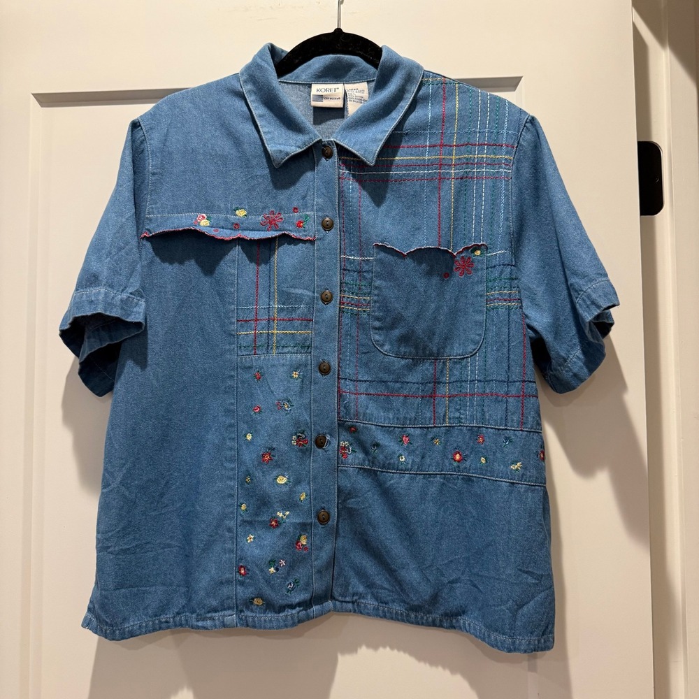 Twee Cottagecore Vintage Koret City Blues L Embroidered Denim Shirt Floral
